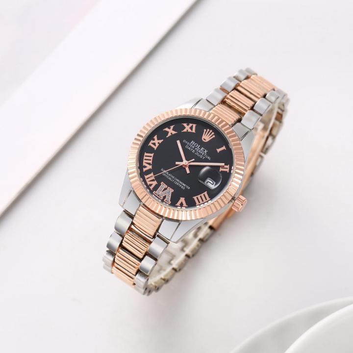 Rolex Rosegold Two Tone Black Watch For Her