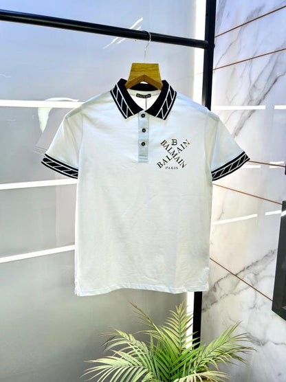 Balmai n Paris Logo Imported White Collar Neck Premium T-shirt F2831-WH
