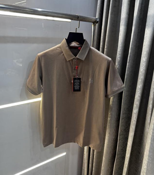 Hugo Boss Beige Logo Print Premium Polo T-Shirt
