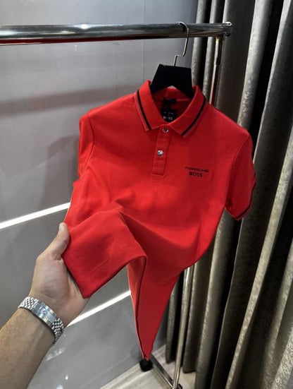 Hugo Boss X Porsche Red Embroidery Logo Premium Polo T-Shirt