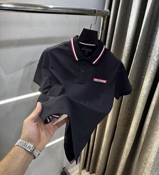 Tommy Hilfiger Black Embroidery Logo Premium Polo T-Shirt