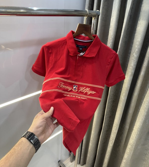 Tommy Hilfiger Red Embroidery Logo Premium Polo T-Shirt