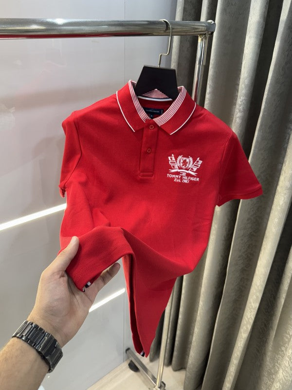 Tommy Hilfiger Red Embroidery Logo Premium Polo T-Shirt