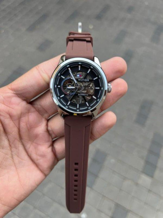 Tommy Hilfiger dark brown rubber automatic
