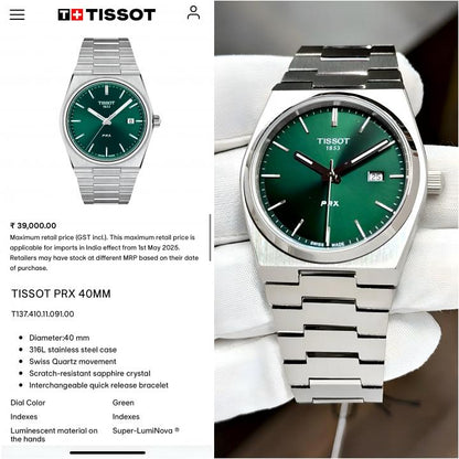 Tissot Prx premium quality automatic silver green